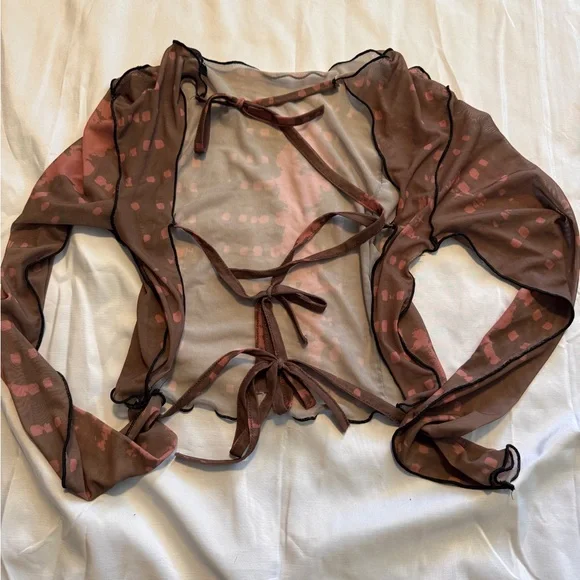 Boohoo Sheer Mesh Long Sleeve Top Size 6 Brown Pink Y2K Aesthetic - Picture 6 of 8